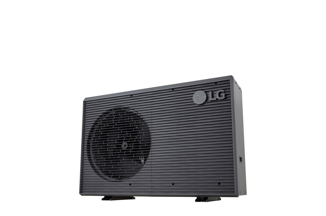 LG Pompa de căldură R32 monobloc S II, monofazată (1Ø), 7 kW, Pompe de căldură aer-apă LG, HM071MRS UA40, vizualizare din dreapta-jos a unei unități exterioare negre, cu o grilă ondulată gri., HM071MRS UA40, thumbnail 2