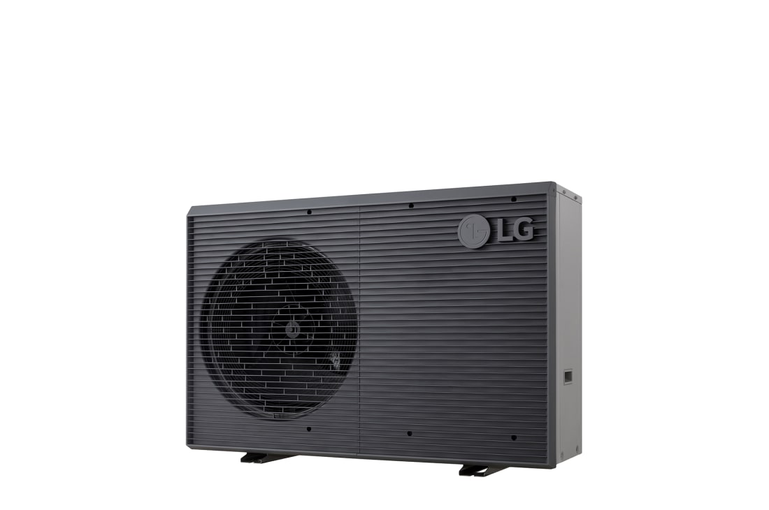 LG Pompa de căldură R32 monobloc S II, monofazată (1Ø), 7 kW, Pompe de căldură aer-apă LG, HM071MRS UA40, vizualizare din unghi drept a unei unități exterioare negre, cu o grilă ondulată gri., HM071MRS UA40, thumbnail 3