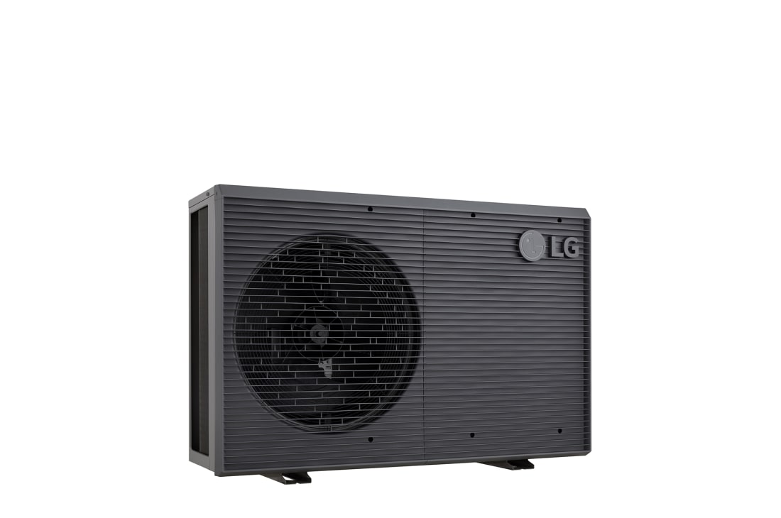 LG Pompa de căldură R32 monobloc S II, monofazată (1Ø), 7 kW, Pompe de căldură aer-apă LG, HM071MRS UA40, vizualizare din unghi stâng a unei unități exterioare negre, cu o grilă ondulată gri., HM071MRS UA40, thumbnail 4