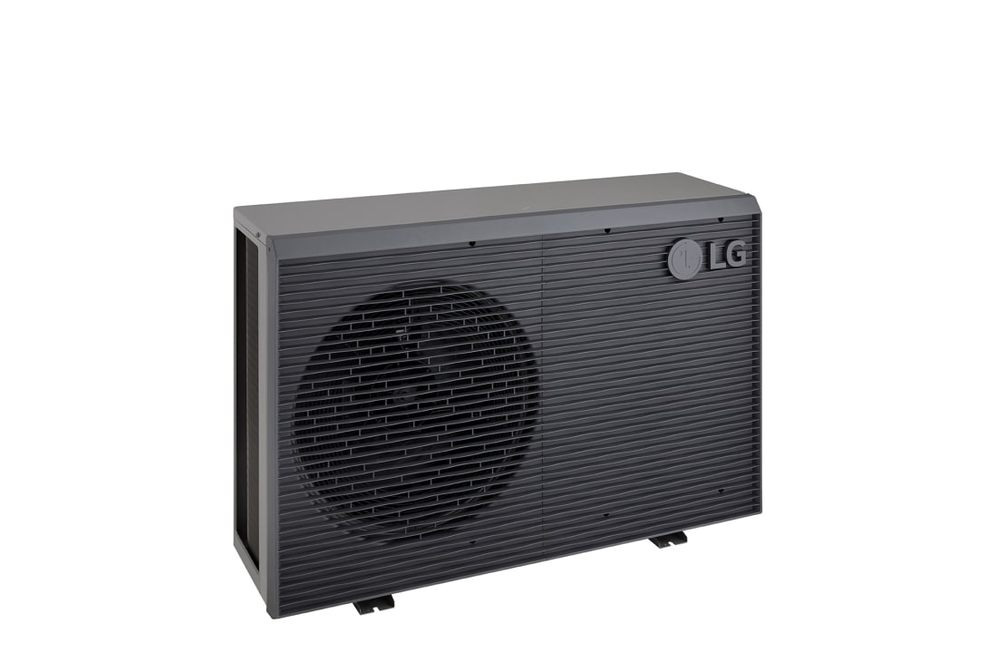 LG Pompa de căldură R32 monobloc S II, monofazată (1Ø), 7 kW, Pompe de căldură aer-apă LG, HM071MRS UA40, vizualizare din stânga-sus a unei unități exterioare negre, cu o grilă ondulată gri., HM071MRS UA40, thumbnail 12