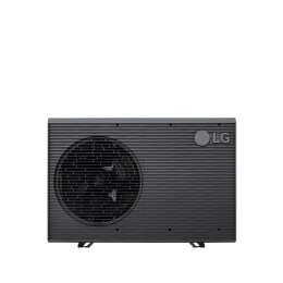 Pompe de căldură aer-apă LG, HM071MRS UA40, vizualizare din față a unei unități exterioare negre, cu o grilă ondulată gri.2