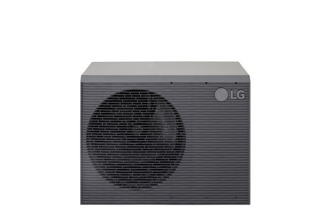 LG Pompa de căldură Monobloc R32 S II, trifazată, 14 kW, Pompe de căldură aer-apă LG, HM143MRS UB40, vizualizare din față-sus a unei unități exterioare negre, cu o grilă ondulată gri., HM143MRS UB40, thumbnail 8