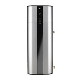 Vizualizare din față a unui încălzitor de apă cu pompă de căldură LG WH20STR2.FA cu un design floor standing de culoare argintiu luxos.2