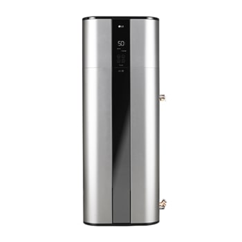 Vizualizare din față a unui încălzitor de apă cu pompă de căldură LG WH20STR2.FA cu un design floor standing de culoare argintiu luxos.1