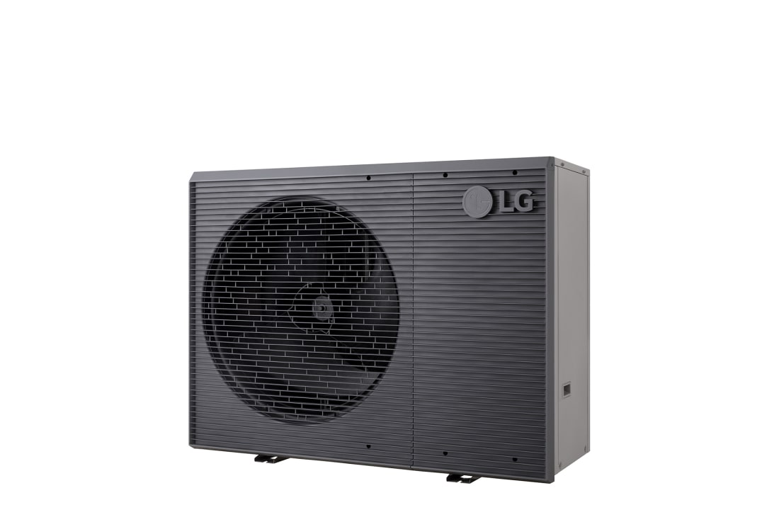 LG Pompa de căldură Monobloc R32 S II, monofazată 1Ø, 12 kW, Pompe de căldură aer-apă LG, HM121MRS UB40, vizualizare din unghi drept a unei unități exterioare negre, cu o grilă ondulată gri., HM121MRS UB40, thumbnail 4