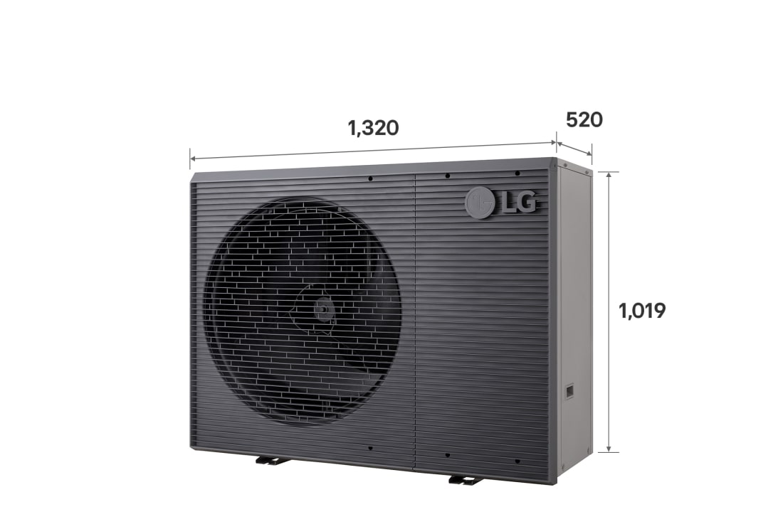 LG Pompa de căldură Monobloc R32 S II, monofazată 1Ø, 16 kW, Pompe de căldură aer-apă LG, HM161MRS UB40, cu etichetă cu dimensiuni a unei unități exterioare negre, cu o grilă ondulată gri., HM161MRS UB40, thumbnail 11