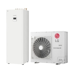 Vizualizare din partea dreaptă la 45 de grade a unei unități interioare dreptunghiulare IWT cu o unitate exterioară cu un ventilator rotund prezentat lângă.2