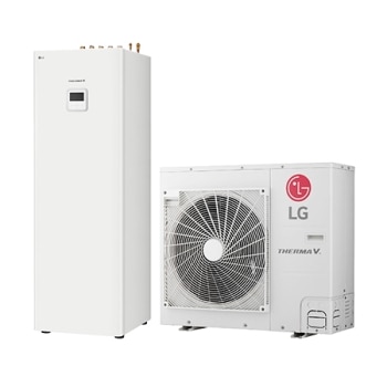 Vizualizare din partea dreaptă la 45 de grade a unei unități interioare dreptunghiulare IWT cu o unitate exterioară cu un ventilator rotund prezentat lângă.1