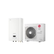 LG Pompă de căldură R32 tip split 5/7/9 kW Hydro Box, monofazată (1Ø), 5 kW, Vizualizare din partea dreaptă la 45 de grade a unei unități interioare dreptunghiulare cu o unitate exterioară floor standing cu un ventilator rotund prezentat lângă., HN091MR NK5 + HU051MR U44, thumbnail 1