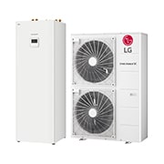 LG Pompa de căldură R32 Hydrosplit IWT, trifazată (3 Ø), 14 kW, Vizualizare la 45 de grade a unei unități interioare dreptunghiulare IWT cu o unitate exterioară floor standing cu două ventilatoare rotunde prezentate lângă., HN1616Y NB1 + HU143MRB U30, thumbnail 1