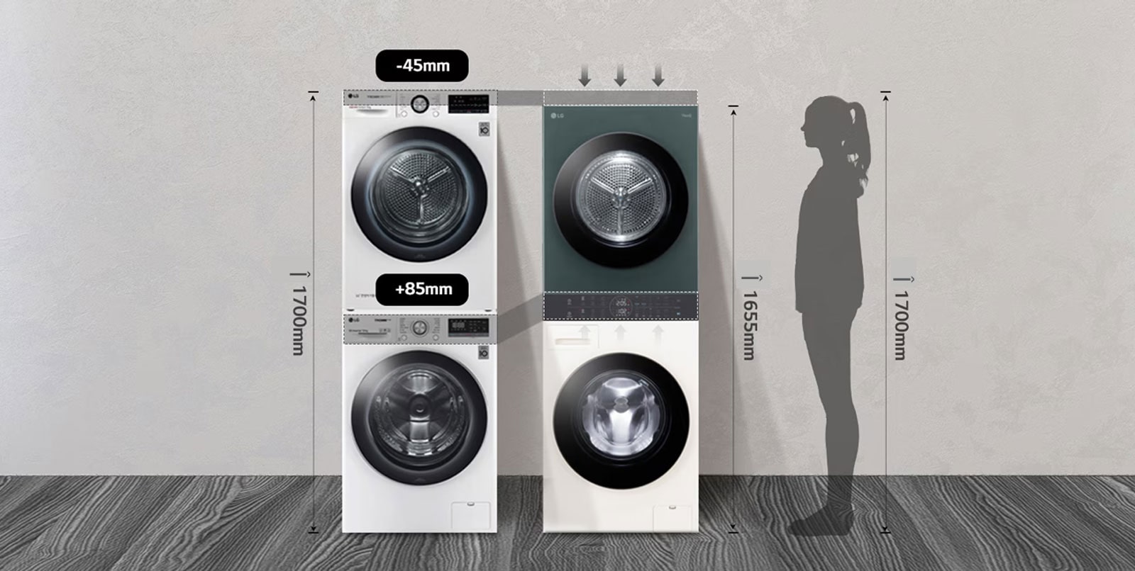 Washtower este plasat alături de o mașină de spălat și uscat rufe suprapusă