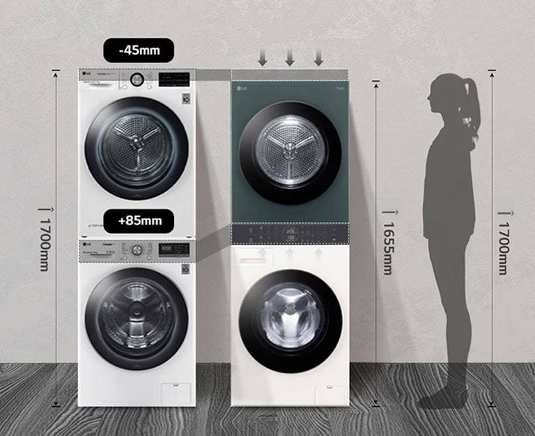 Washtower este plasat alături de o mașină de spălat și uscat rufe suprapusă 