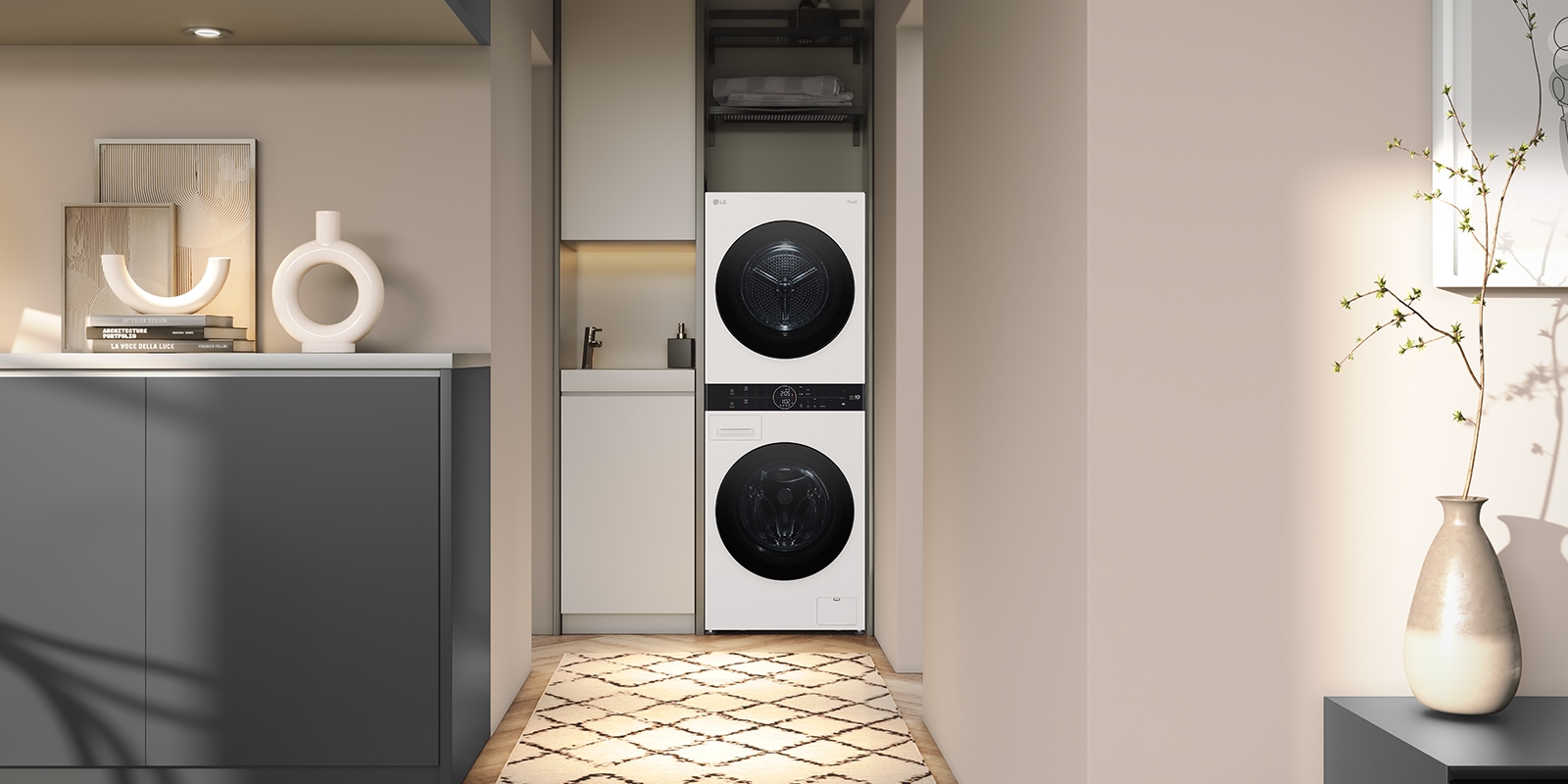 Washtower este aranjat în armonie cu celelalte piese de mobilier.