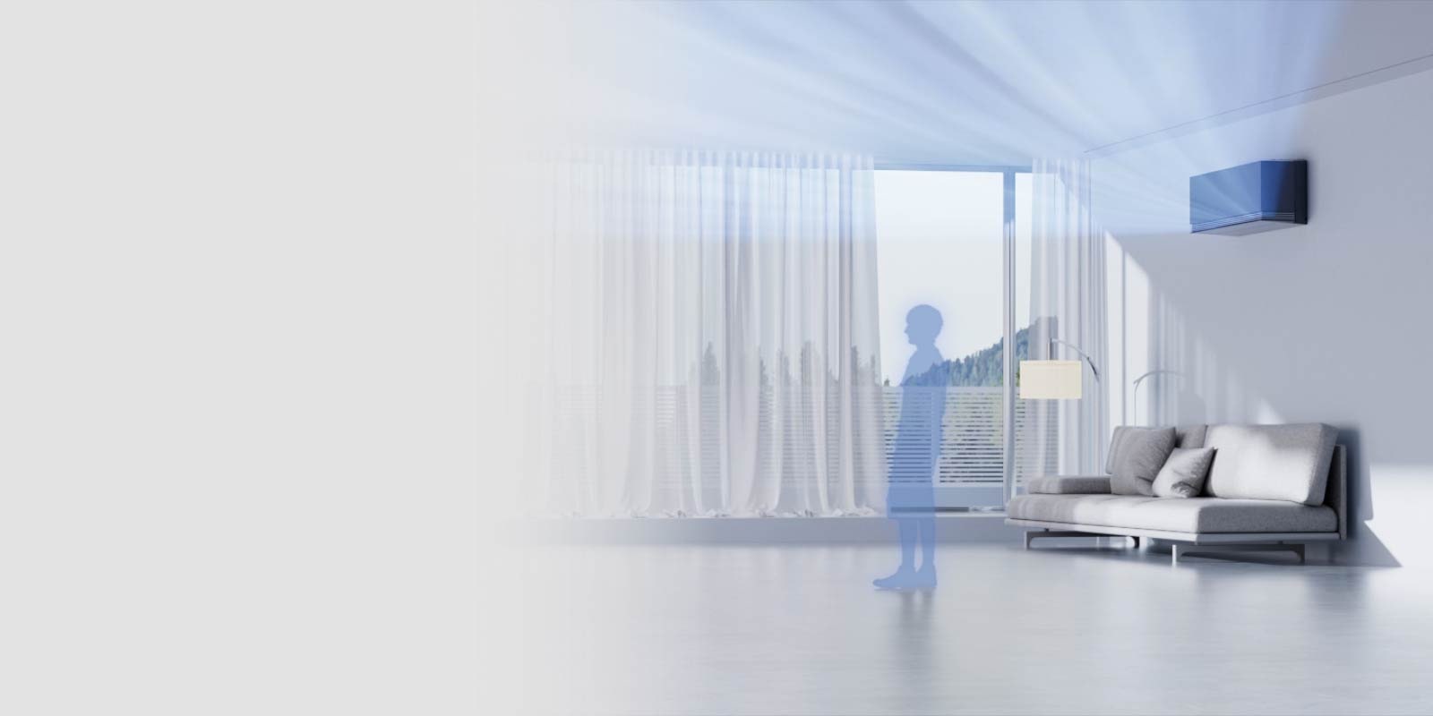 Aer condiționat LG într-un living, echipat cu detectarea absenței umane