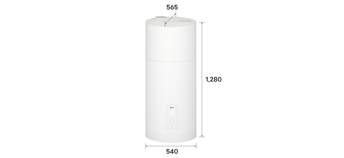 Exteriorul încălzitorului de apă cu pompă de căldură LG (WH10ESF0.HA) cu dimensiunile pe etichetă. Măsoară 540&nbsp;mm x 1.280&nbsp;mm x 565&nbsp;mm.
