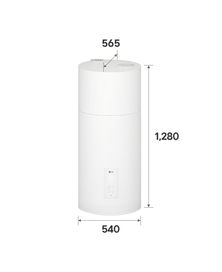 Exteriorul încălzitorului de apă cu pompă de căldură LG (WH10ESF0.HA) cu dimensiunile pe etichetă. Măsoară 540&nbsp;mm x 1.280&nbsp;mm x 565&nbsp;mm.