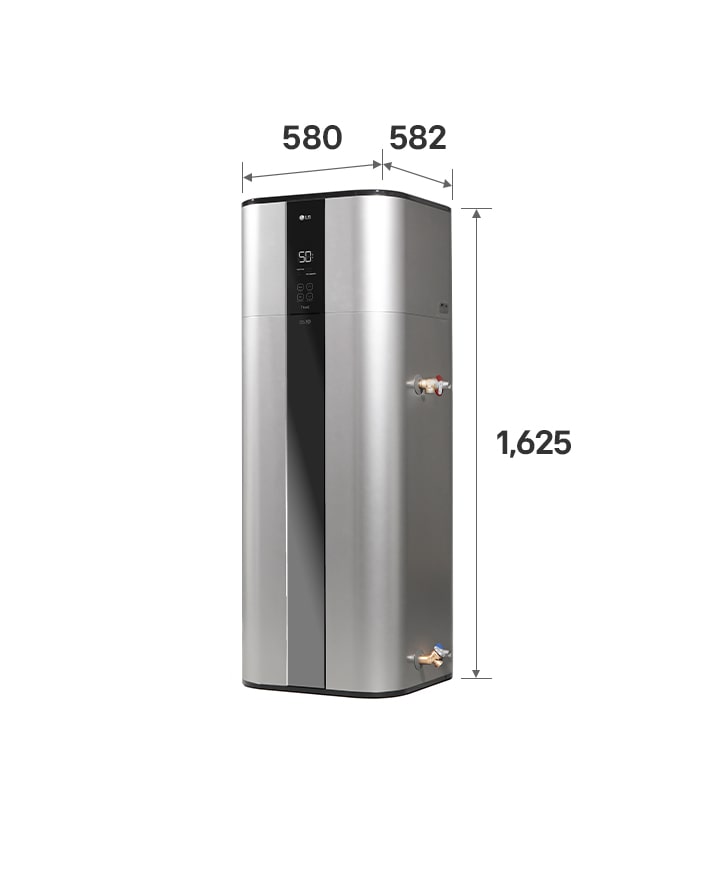 Exteriorul încălzitorului de apă cu pompă de căldură LG (WH20STR2.FA) cu dimensiunile pe etichetă. Măsoară 580&nbsp;mm x 1,625&nbsp;mm x 582&nbsp;mm.