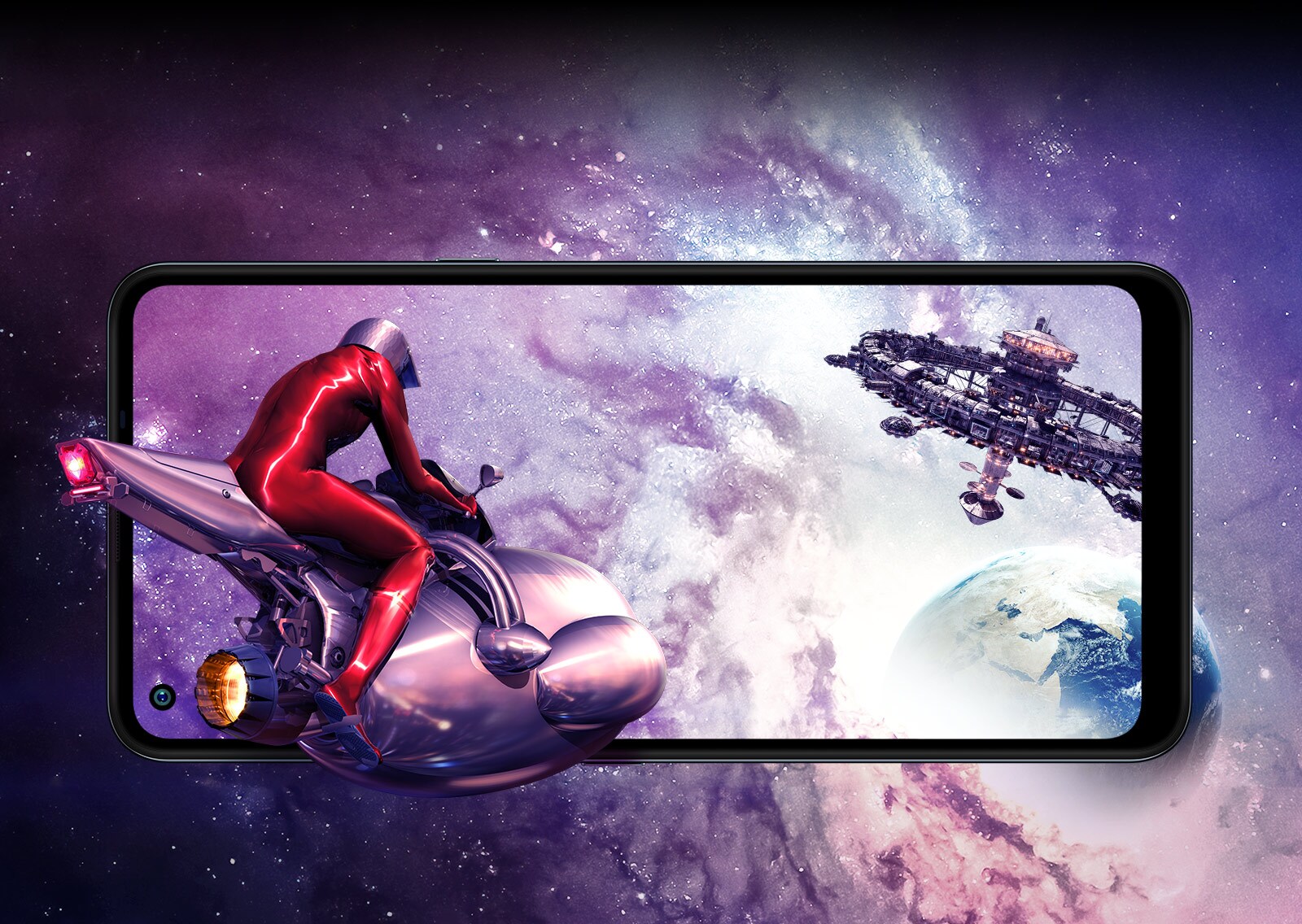 Un bărbat care zboară pe o navă spațială, către o stație spațială aflată în afara spațiului terestru