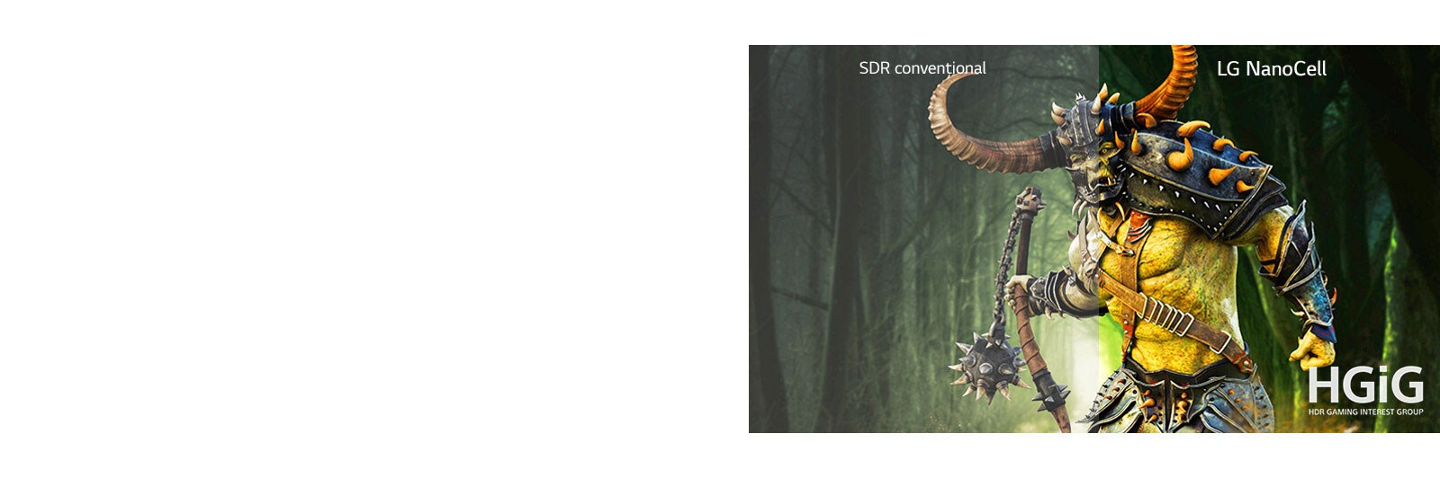 O scenă dintr-un joc cu un monstru afișată pe un televizor convențional și altă jumătate pe un televizor NanoCell cu HDR