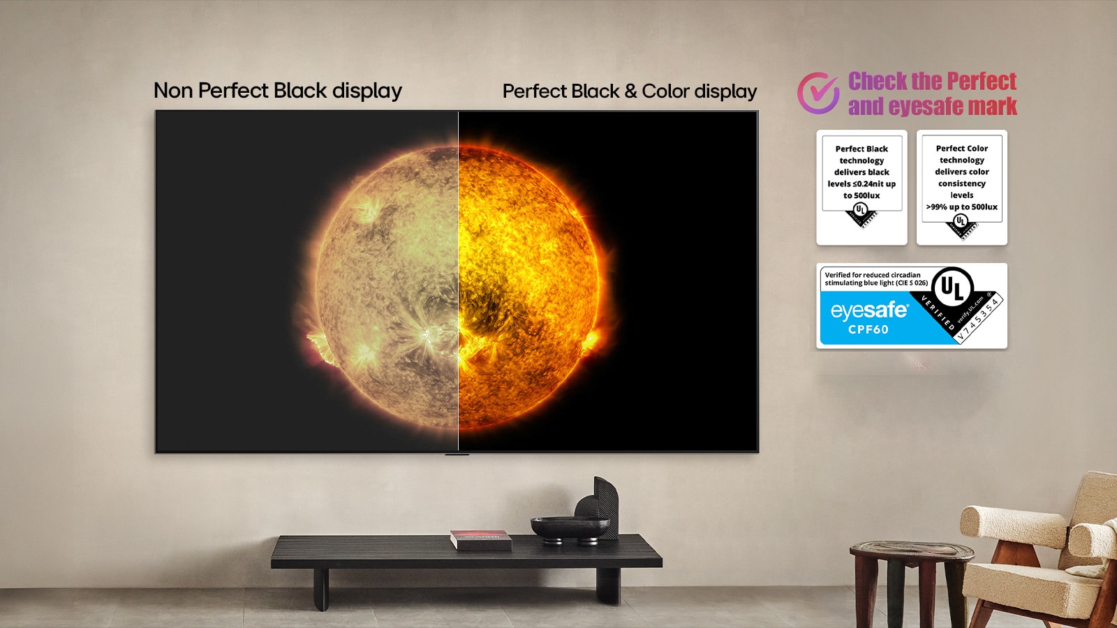 LG OLED TV afișează o comparație vizuală între un afișaj cu Perfect Color și Perfect Black și unul fără. Certificările UL și privind siguranța pentru vedere sunt vizibile, cu textul care solicită verificarea marcajelor.