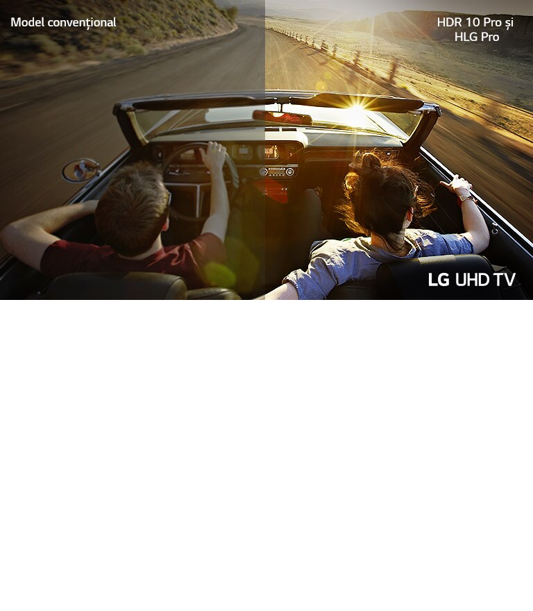 Un cuplu într-o mașină care se deplasează pe șosea. O jumătate este afișată pe un ecran convențional, cu o calitate redusă a imaginii. Cealaltă jumătate este afișată cu o calitate extrem de clară și vie a televizorului UHD de la LG.