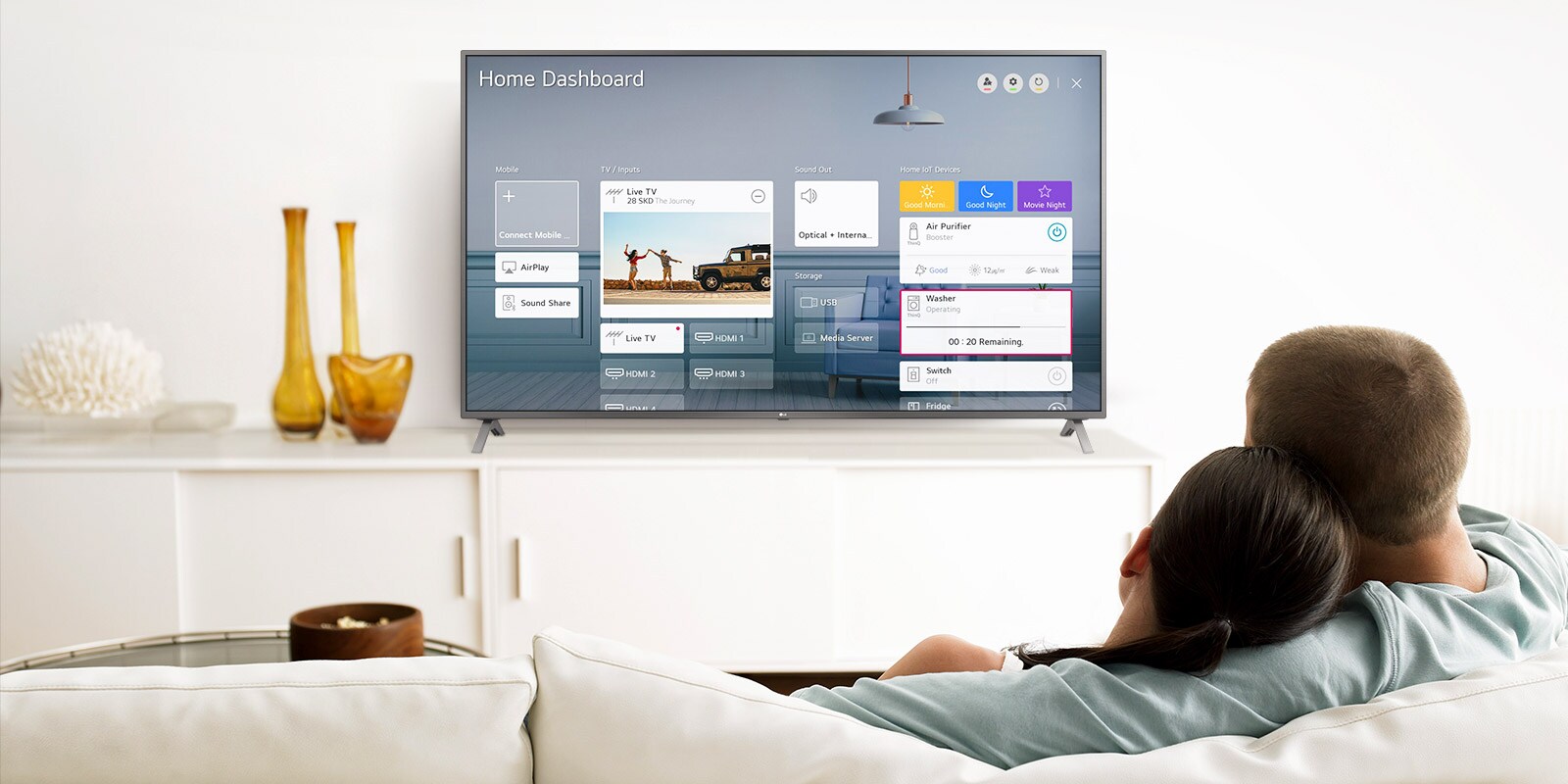 Un uomo e una donna seduti su un divano nel soggiorno con Home Dashboard sullo schermo della TV