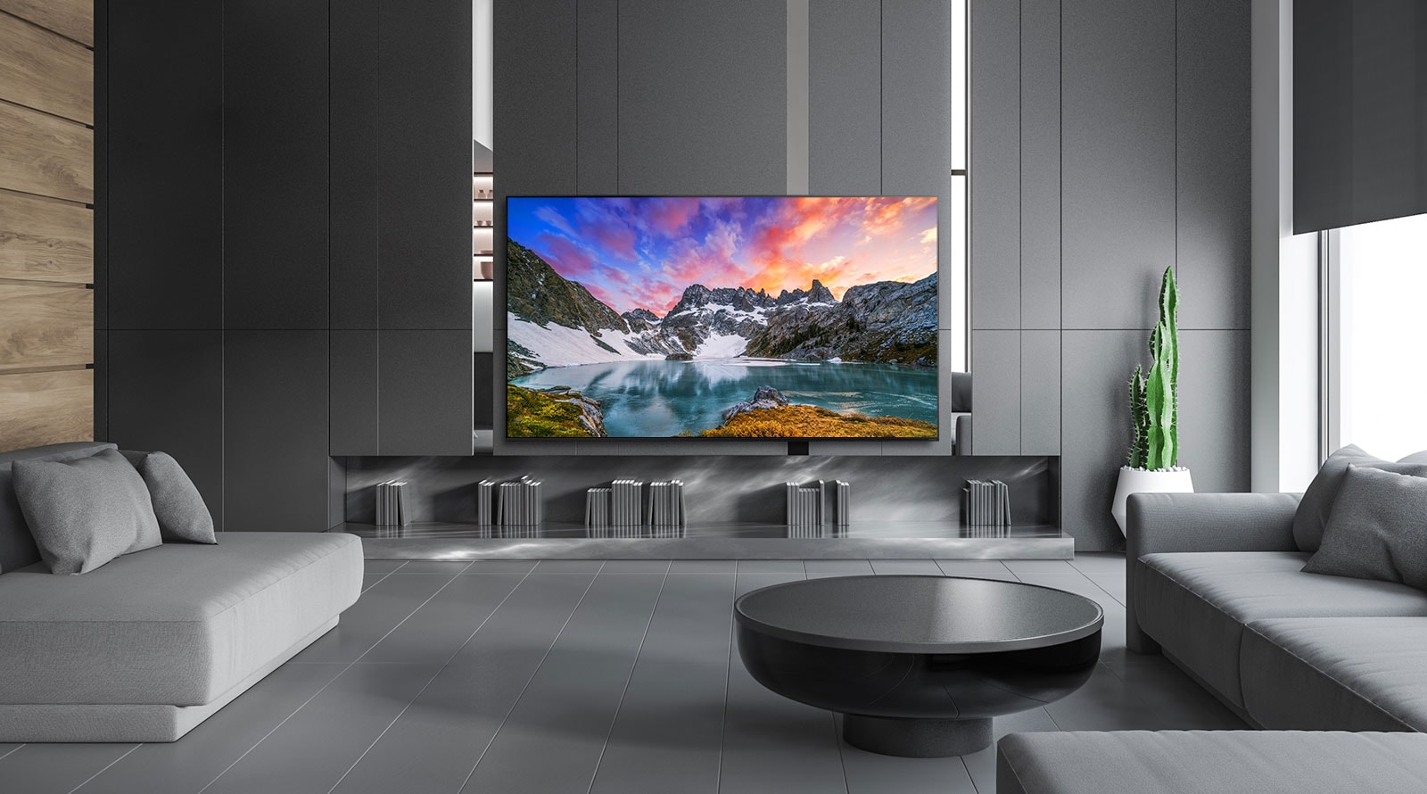 TV con una vista accattivante della natura in un ambiente con una casa di lusso