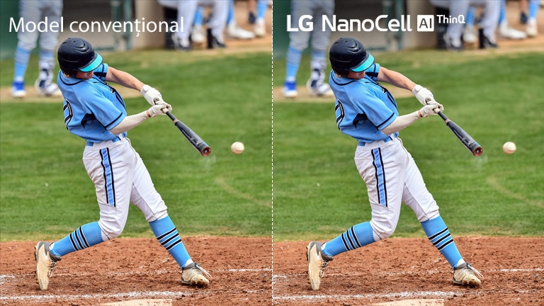 O scenă dintr-un meci de fotbal, jumătate pe un televizor LCD/LED convențional cu calitate neclară a imaginii și o altă jumătate pe un televizor NanoCell LG cu calitate clară a imaginii