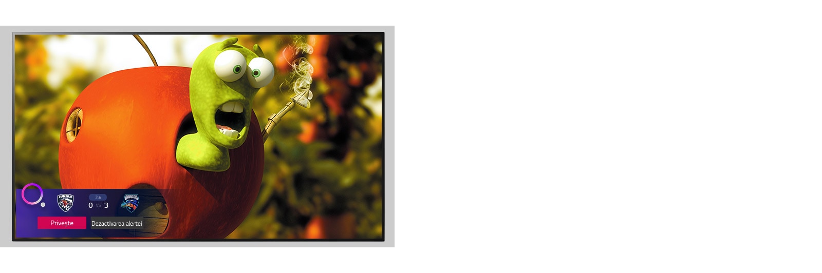 Televizor care prezintă un personaj de desene animate și alerta Sports în partea de jos a ecranului.