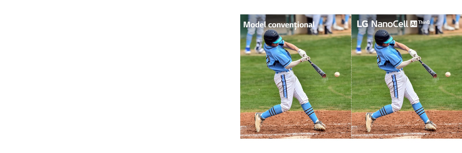 O scenă dintr-un meci de fotbal, jumătate pe un televizor LCD/LED convențional cu calitate neclară a imaginii și o altă jumătate pe un televizor NanoCell LG cu calitate clară a imaginii