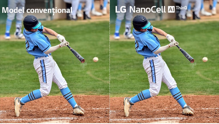 O scenă dintr-un meci de fotbal, jumătate pe un televizor LCD/LED convențional cu calitate neclară a imaginii și o altă jumătate pe un televizor NanoCell LG cu calitate clară a imaginii