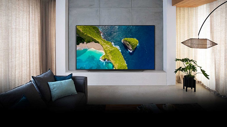 Televizor care prezintă o vedere aeriană a naturii într-un decor cu o casă luxoasă