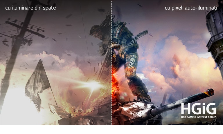 O scenă dintr-un joc, jumătate de televizor LCD/LED cu calitate slabă a imaginii și o altă jumătate pe un televizor OLED LG cu calitate foarte clară și vie a imaginii