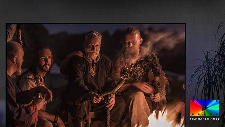 O secvență dintr-un film de fantezie pe ecranul televizorului și sigla producătorului de filme