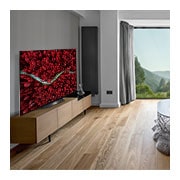 LG OLED BX | 65inch 4K ULTRA HD | Dolby Vision IQ & Atmos | Procesor α7 gen. a 3-a cu IA | Nvidia G-Sync | Funcții SPORT, Cameră de zi cu o canapea și un televizor care prezintă o vedere aeriană a naturii, OLED65BX3LB, thumbnail 9