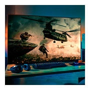 LG OLED CX | 48 inch 4K ULTRA HD | Dolby Vision IQ & Atmos | Procesor α9 gen. a 3-a cu IA | Nvidia G-Sync | Funcții SPORT, A TV screen displaying a battle game with armed soldiers and helicopters flying in the sky, OLED48CX3LB, thumbnail 10