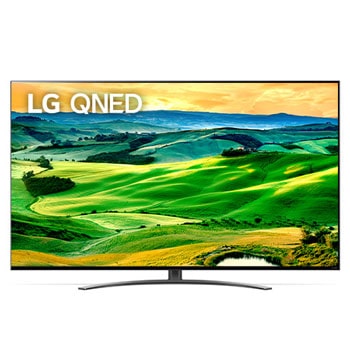 Vedere frontală a televizorului LG QNED cu imaginea continuă și sigla produsului aprinsă1