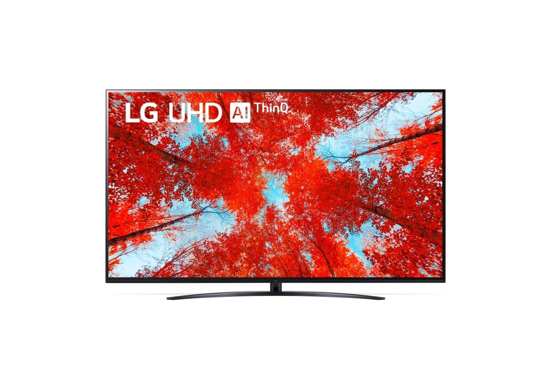 LG Televizor UHD 4 K | 86 inch | ThinQ AI, Vedere frontală a televizorului LG UHD cu imaginea continuă și sigla produsului aprinsă, 86UQ91003LA, thumbnail 8