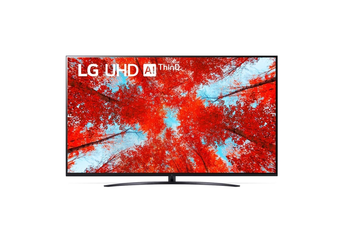 LG Televizor UHD 4 K | 86 inch | ThinQ AI, Vedere frontală a televizorului LG UHD cu imaginea continuă și sigla produsului aprinsă, 86UQ91003LA