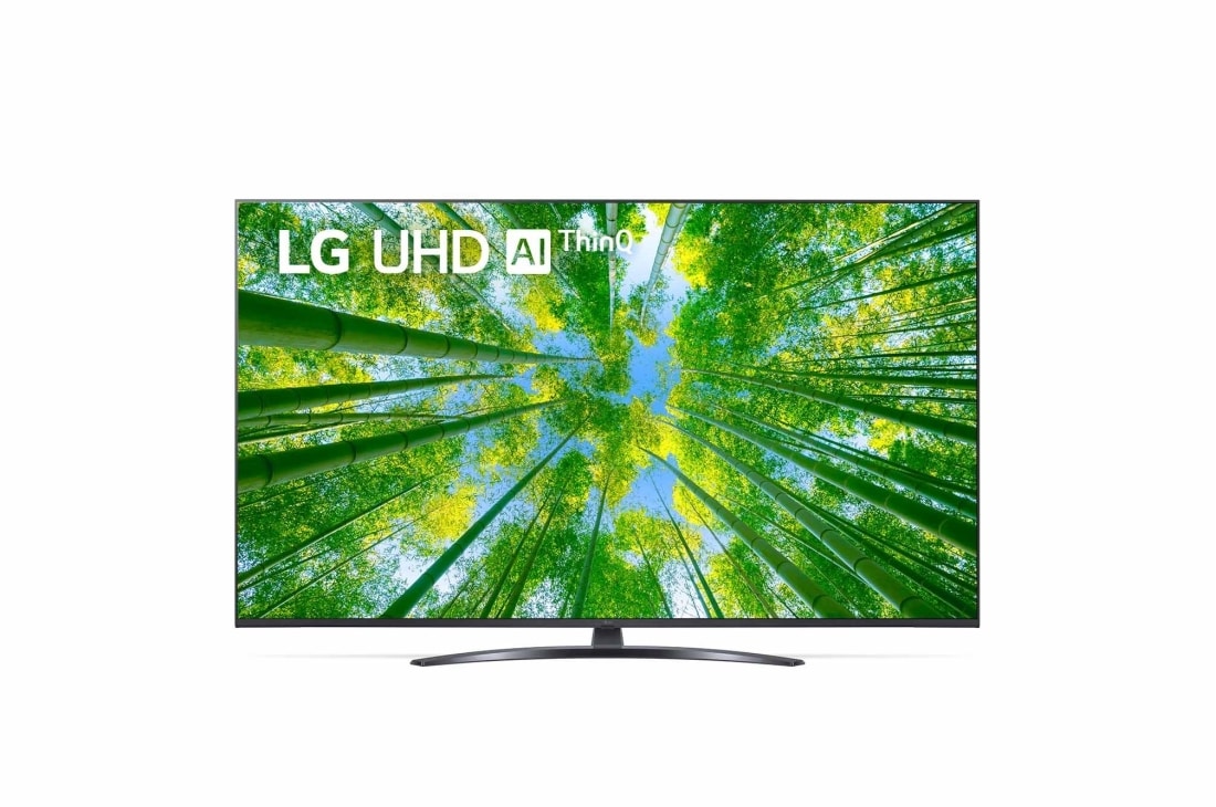 LG UQ81 UHD 4K 50 inch ThinQ AI, Vedere frontală a televizorului LG UHD cu imaginea continuă și sigla produsului aprinsă, 65UQ81003LB