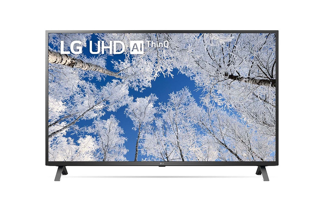 LG TELEVIZOR UHD 4K, Vedere frontală a televizorului LG UHD cu imaginea continuă și sigla produsului aprinsă, 55UQ70003LB