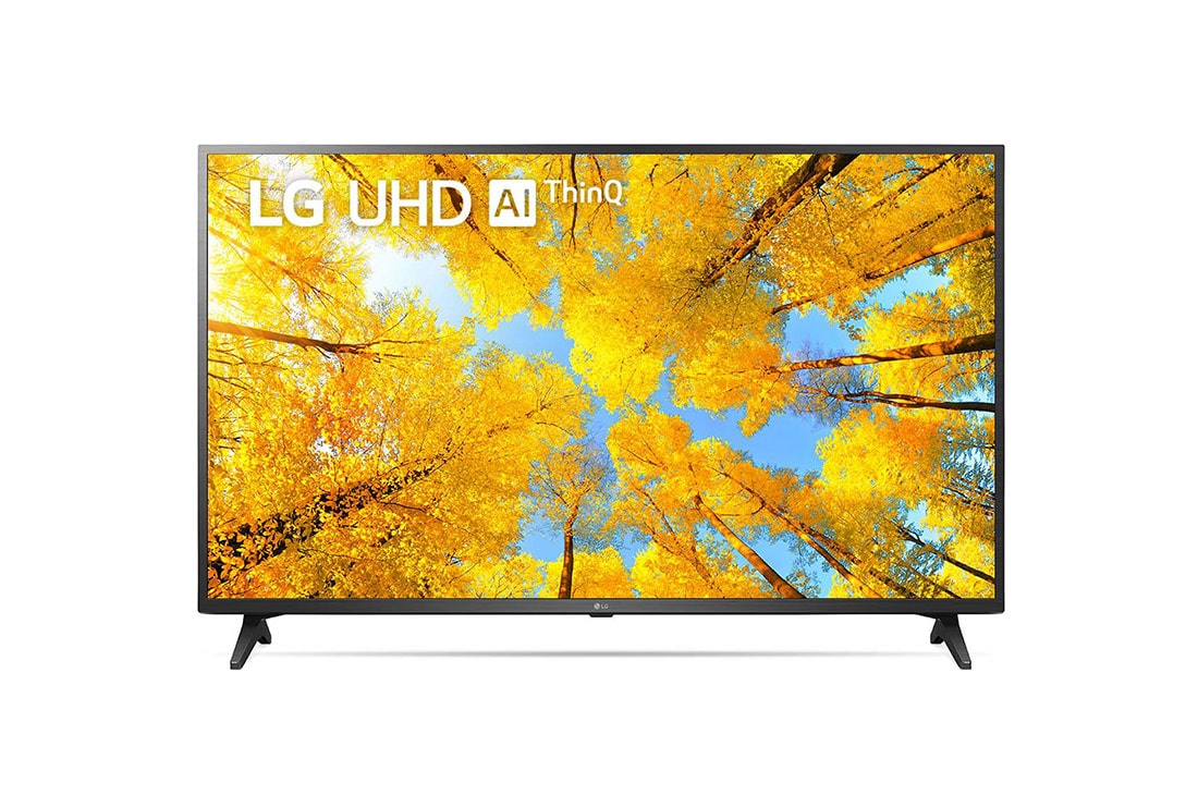 LG Televizor UHD 4 K | 65 inch | ThinQ AI, Vedere frontală a televizorului LG UHD cu imaginea continuă și sigla produsului aprinsă, 65UQ75003LF