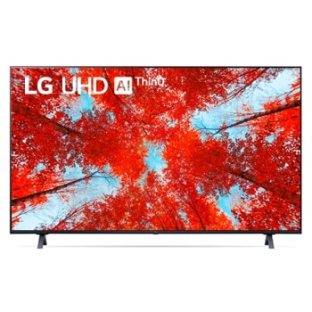 Vedere frontală a televizorului LG UHD cu imaginea continuă și sigla produsului aprinsă1