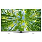 LG UQ81 UHD 4K 75 inch ThinQ AI, Vedere frontală a televizorului LG UHD cu imaginea continuă și sigla produsului aprinsă, 75UQ81003LB, thumbnail 1
