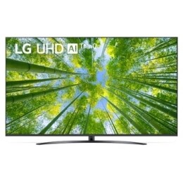 Vedere frontală a televizorului LG UHD cu imaginea continuă și sigla produsului aprinsă2