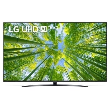 Vedere frontală a televizorului LG UHD cu imaginea continuă și sigla produsului aprinsă1