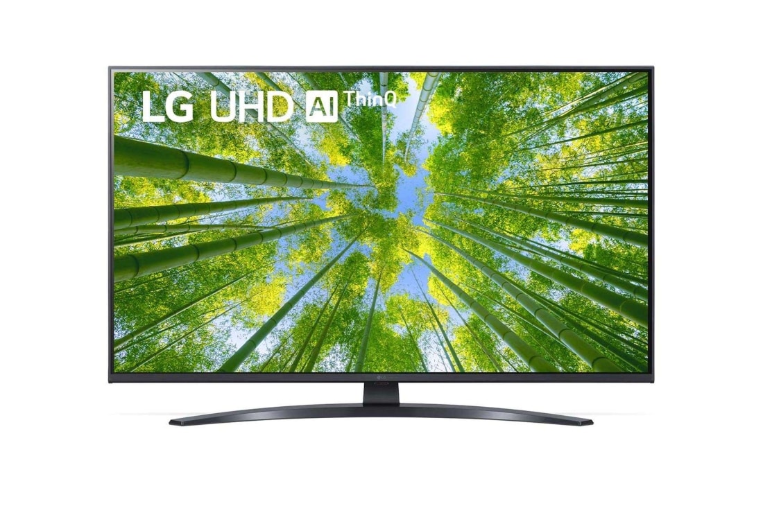 LG UQ81 UHD 4K 65 inch ThinQ AI, Vedere frontală a televizorului LG UHD cu imaginea continuă și sigla produsului aprinsă, 43UQ81003LB