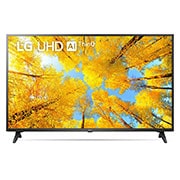 LG UQ75 | UHD 4K | Procesor α5Gen5 AI | ThinQ AI, Vedere frontală a televizorului LG UHD cu imaginea continuă și sigla produsului aprinsă, 50UQ75003LF, thumbnail 1