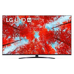 Vedere frontală a televizorului LG UHD cu imaginea continuă și sigla produsului aprinsă2