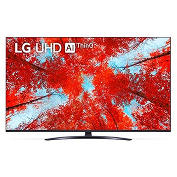 Vedere frontală a televizorului LG UHD cu imaginea continuă și sigla produsului aprinsă1